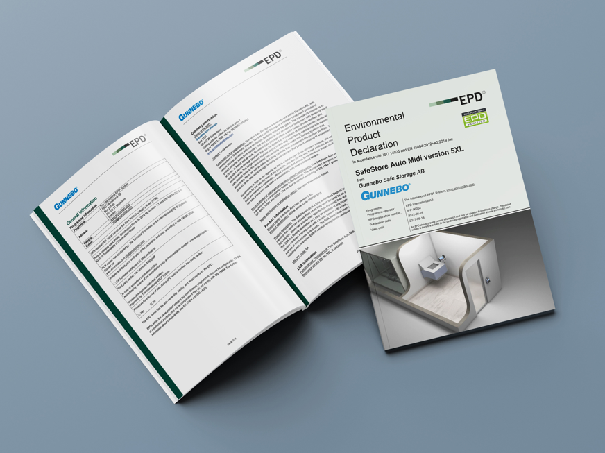 Brochure de la déclaration environnementale EPD vérifiée pour SafeStore Auto Midi 5XL, publiée par Gunnebo Safe Storage.