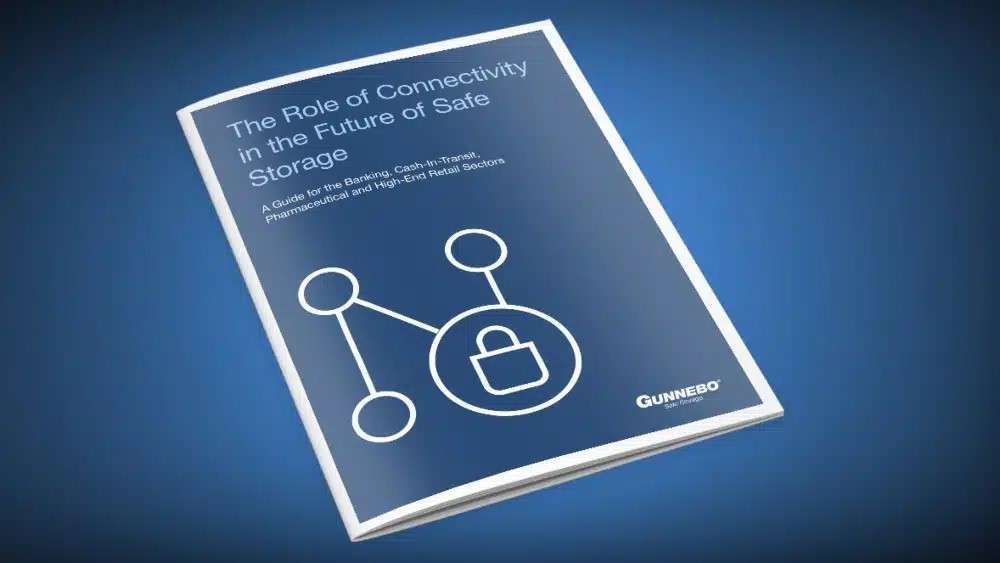 Dark blue booklet with the title "The Role of Connectivity in the Future of Safe Storage"